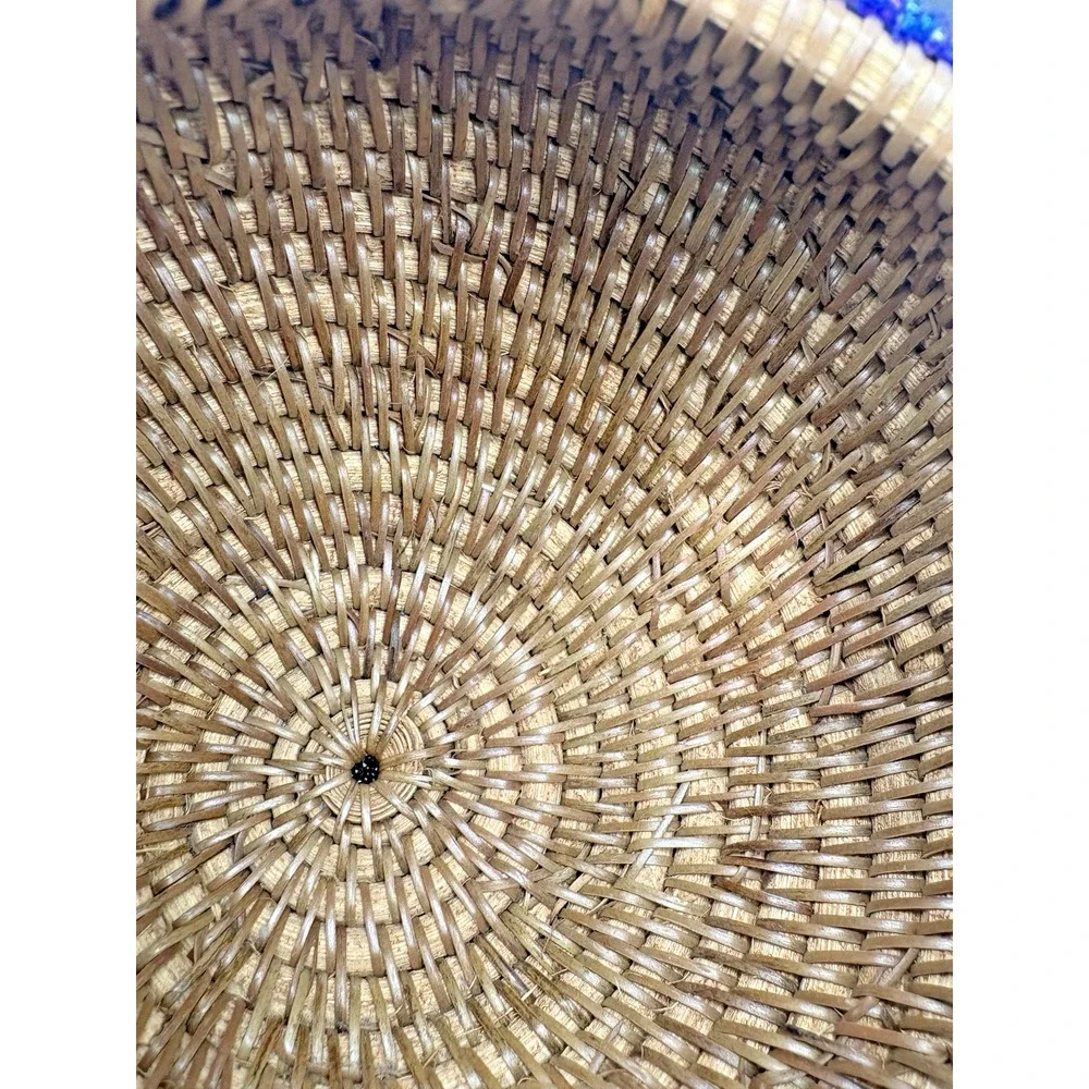 Indonesian Hand Beaded Woven Folk Art Blue Green Geometric Design Basket Lid 7
